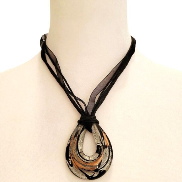 Molten Bronze Swirl Artisan Glass Teardrop Choker on Black Ribbon Necklace - Picture 1 of 6